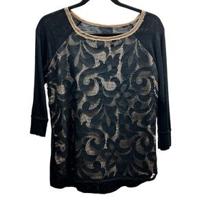 Anthropologie Dolan Lace Filigree Top Black Tan 3/4 Sleeve Women’s XS